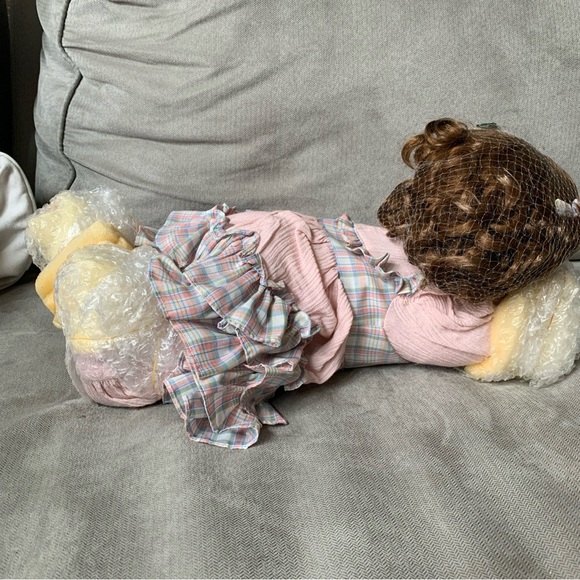 "My Baby Bright Eyes" 14” Porcelain Doll Laying Down Country Pink & Plaid #26372 - Picture 2 of 5